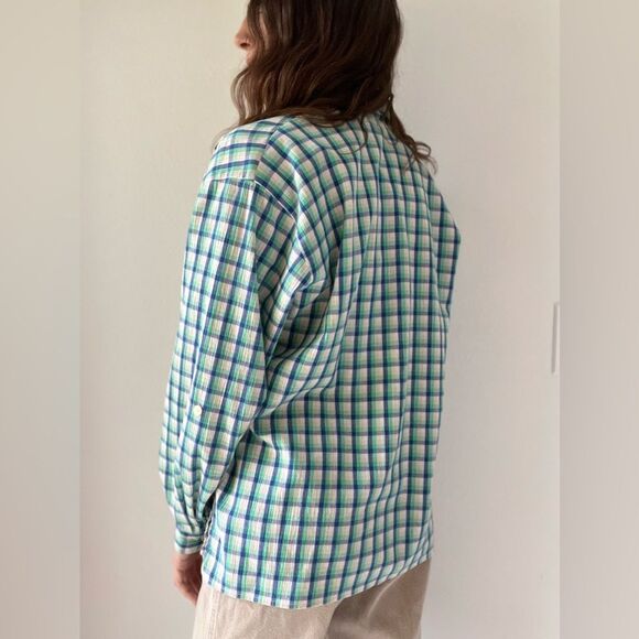 Vintage Plaid Floral Embroidered Button Down Long Sleeve Top Size Large - Picture 4 of 15